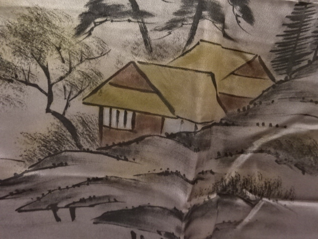 アンティーク　富士に家屋風景模様男物長襦袢